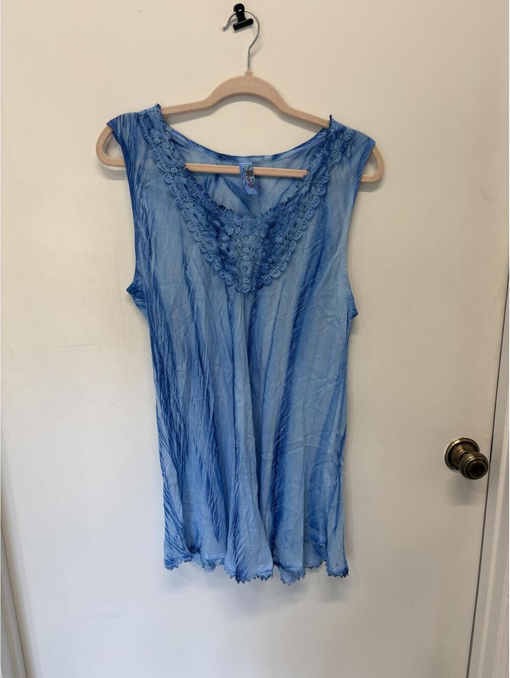 Indra Boutique P2P 26 Blue Sleeveless Lace Trim Sheer Tunic Top